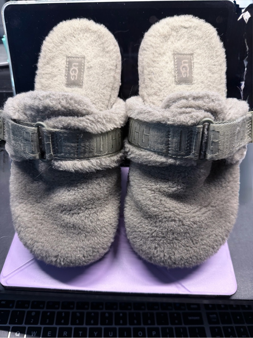 UGG Gray Faux-Shearling Buckle Slide Slippers